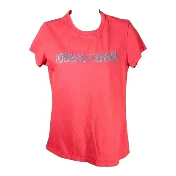 Roberto Cavalli T-Shirt Red Women's Medium Glitter Spellout Logo Short Sleeve - Picture 1 of 5